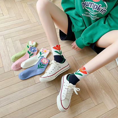 Women Socks Flower Rabbit Pattern Cute Kawaii Japanese Korean Style Cotton Harajuku Funny Breathable Casual Spring Floral Socks