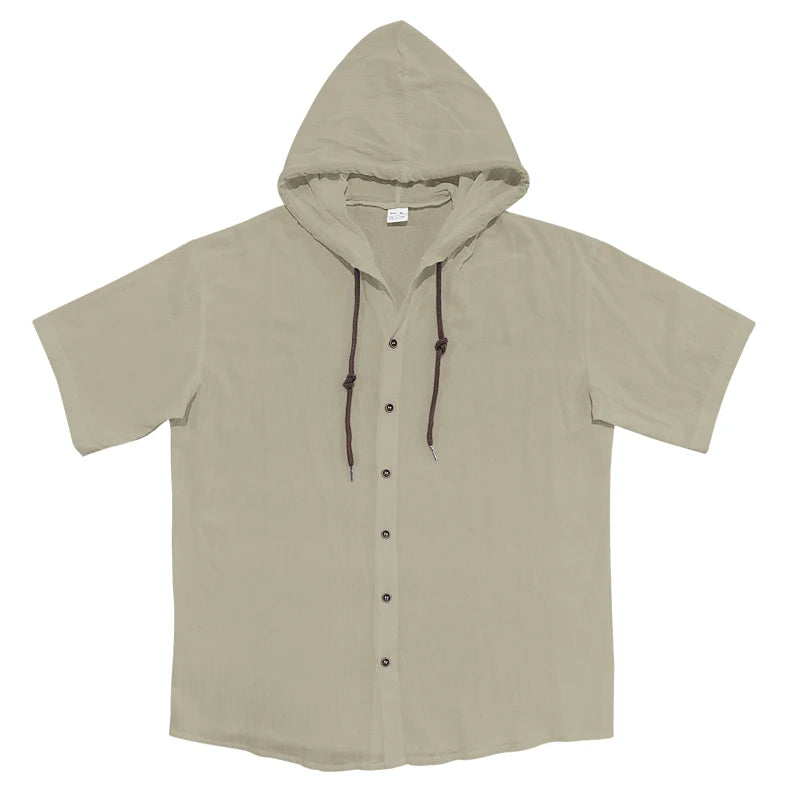 Summer cotton linen men's short sleeved shirt in US size solid color hooded casual T-shirt plus size men's clothing