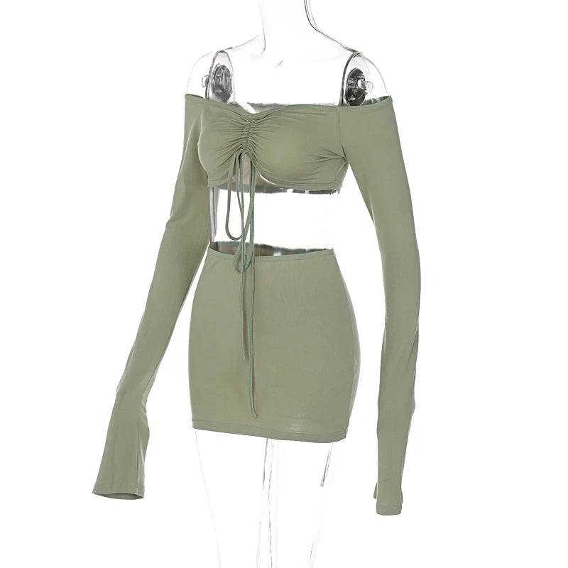 Dulzura Women 2024 Autumn Winter Long Sleeve Crop Tops Mini Skirt Two Piece Matching Sets Wholesale Items For Business S2A10683