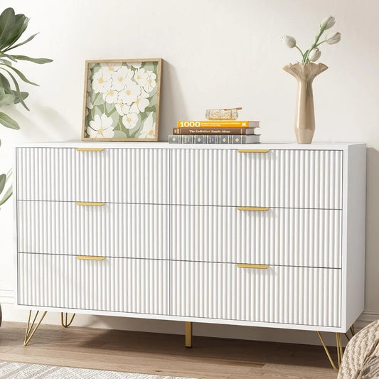 White dresser for bedroom, 6-drawer wooden dresser with gold handles, modern dresser and locker drawer chest