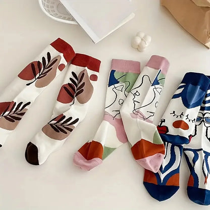 5 Pairs Elegant Cartoon Graffiti Women Tube Socks Fashionable Oil Painting Art Printing Soft Comfortable Breathable Casual Socks