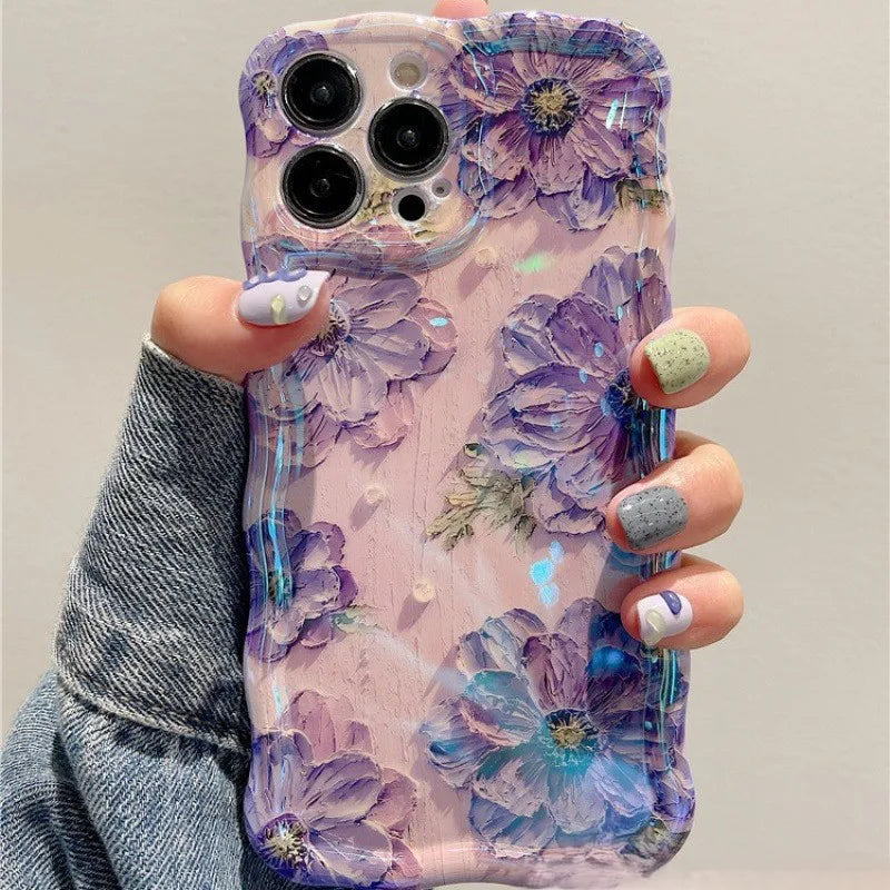 1 PC Luxury Laser Oil Painting Flowers Phone Cases For iPhone 16 15 14 13 12 11 Pro Max Plus