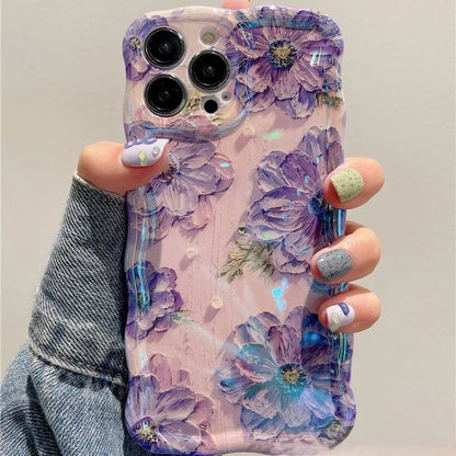 1 PC Luxury Laser Oil Painting Flowers Phone Cases For iPhone 16 15 14 13 12 11 Pro Max Plus