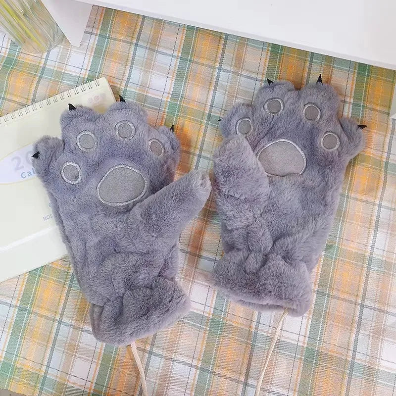 Women Gloves Bear Palm Paw Animals Plushclaw Glove Winter Fluffy Cat Paw Full Finger Gloves Keep Warm Lovely Soft Furry Mittens