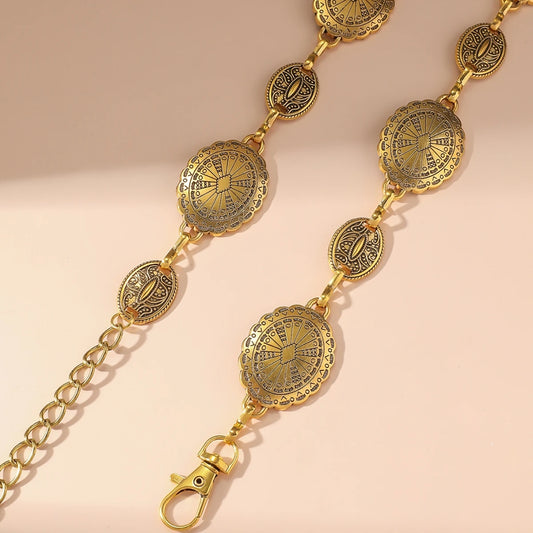 Vintage Oval Craved Metal Waist Chain for Women Retro Style Exquisite Gold Color Plated Belt Chains Fashion Body Jewelry Gifts