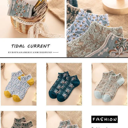 5 Pairs Lolita Japanese Woman Cute White Short Socks Set Girl Spring Summer Sweet Ruffle Lovely Cotton Socks For Women