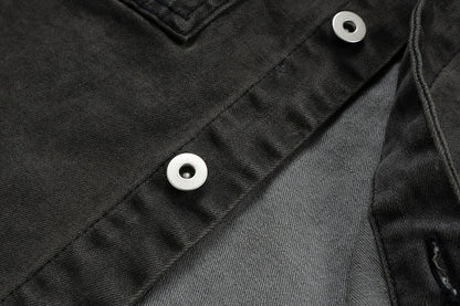 High Street Ribbons Dirty Washed Black Baggy Jeans Jacket for Men and Women Harajuku Y2k Casual Denim Coat Oversized Clothes
