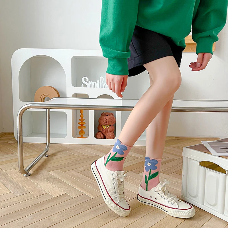 Women Socks Flower Rabbit Pattern Cute Kawaii Japanese Korean Style Cotton Harajuku Funny Breathable Casual Spring Floral Socks