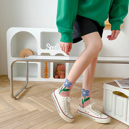 Women Socks Flower Rabbit Pattern Cute Kawaii Japanese Korean Style Cotton Harajuku Funny Breathable Casual Spring Floral Socks