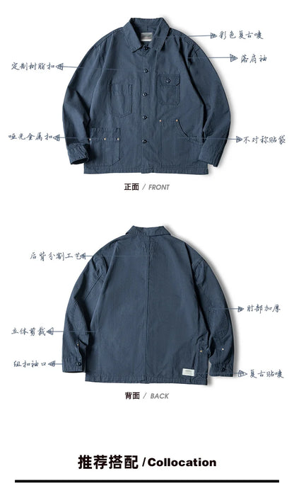 Maden Retro French Jacket Multi-Pocket Lapel Navy Heavyweight Single-breasted Hunting Coat for Men's Spring and Autumn Tops