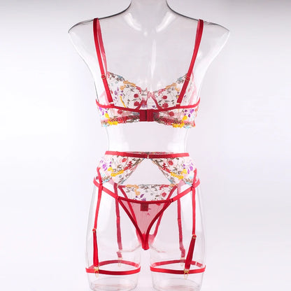 Ellolace Lingerie Sensual Lace Underwear Transparent Embroidery 3-Piece Garters Fancy Beautiful Short Skin Care Kits Intimate
