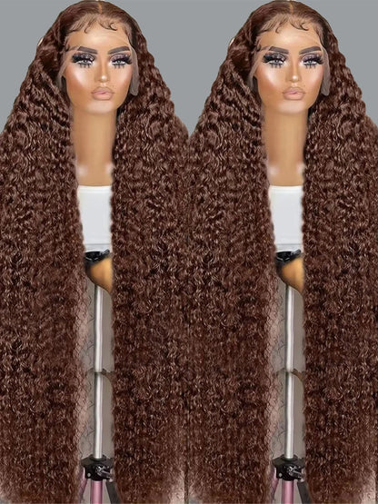 200% Chocolate Brown Deep Wave Human Hair Wig 30 34Inch Transparent Lace Frontal Wigs For Women 13x6 Lace Front Water Curly Wigs