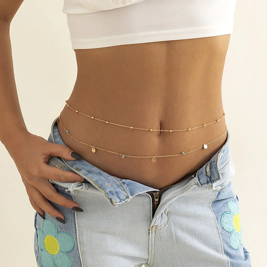 Minimalist Tassel Sequin Double Layer Chain Casual Pants Chain Hip-hop Body Chain Fashionable Retro Turquoise Waist Chain