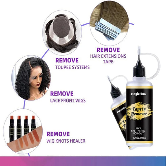 MagicFlow 100ml Tape-in Hair Extension Remover - Easily Removes Lace Wigs, Clip-in Extensions, Hairline Glue, and Adhesive Resid