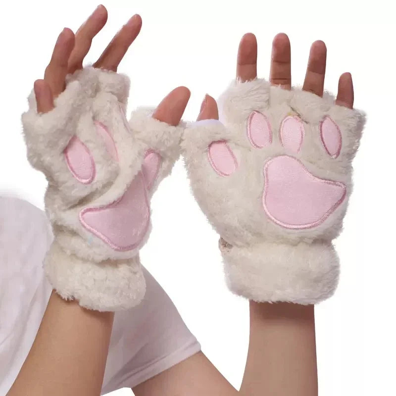 Lovely Plush Cat Claw Paw Gloves Plush Mittens Warm Soft Plush Short Fingerless Fluffy Bear Gloves Costume Half Finger Gloves