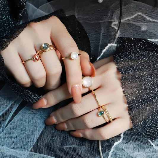 Vintage Colorful Crystal Stone Rings Set for Women Trendy Gold Silver Color Glazed Ring Set Geometric Resin Rings Party Jewelry