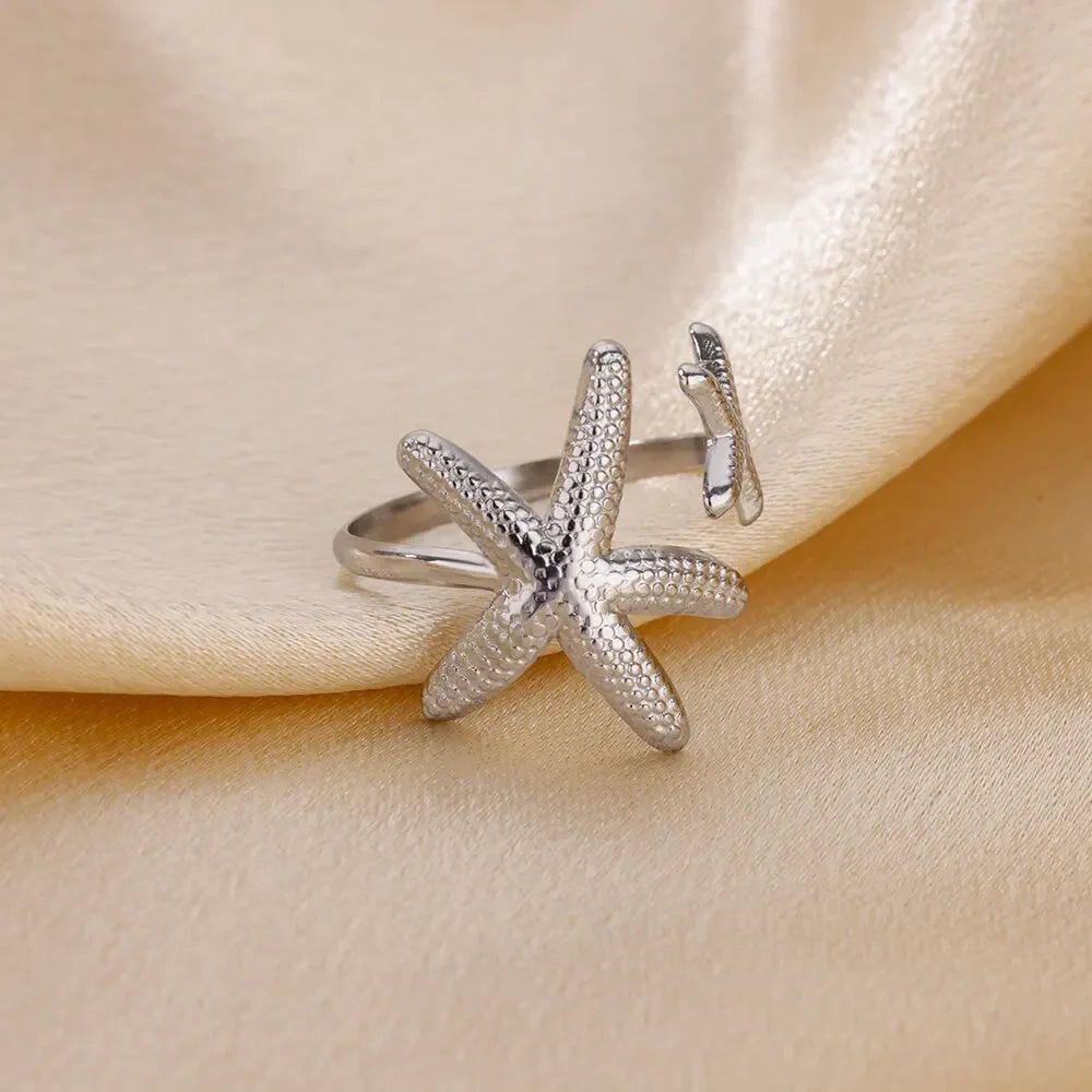 Dainty Zircon Shell Starfish Turtle Evil Eye Rings Stainless Steel Ring Women Anti Fading Golden Charm Jewelry Accessories Gifts