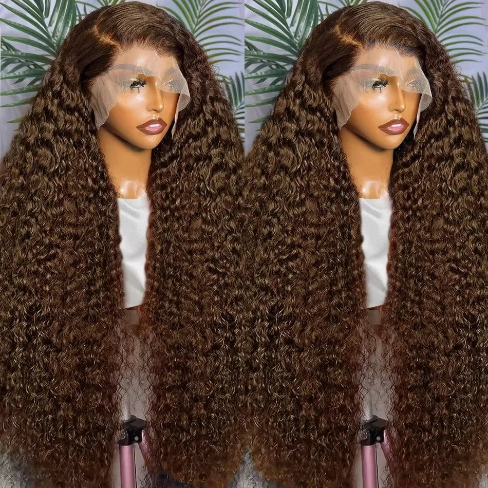 200% Chocolate Brown Deep Wave Human Hair Wig 30 34Inch Transparent Lace Frontal Wigs For Women 13x6 Lace Front Water Curly Wigs