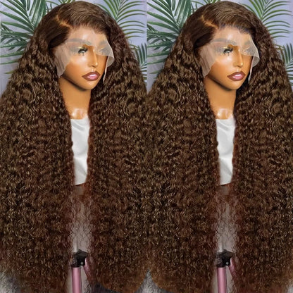 200% Chocolate Brown Deep Wave Human Hair Wig 30 34Inch Transparent Lace Frontal Wigs For Women 13x6 Lace Front Water Curly Wigs