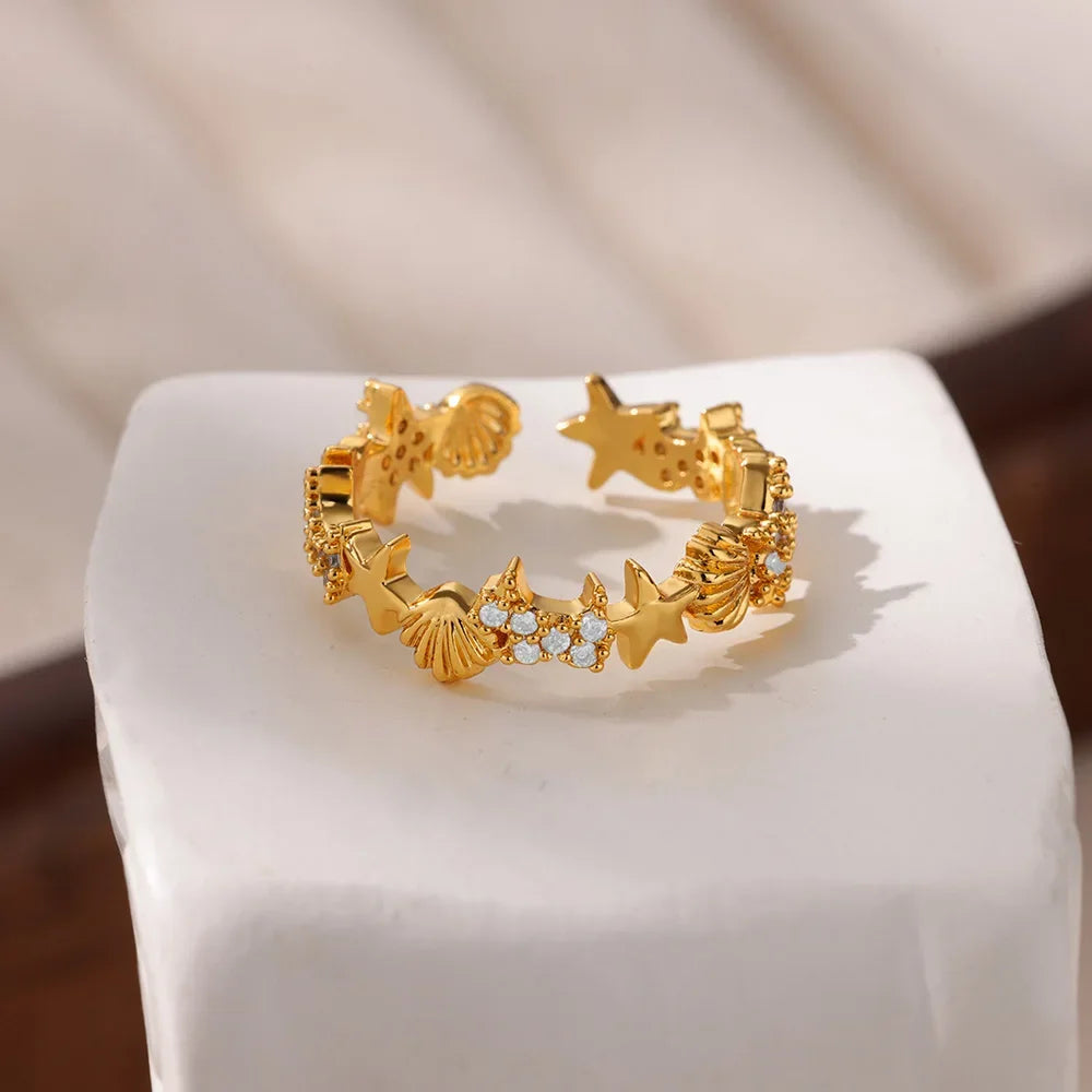 Dainty Zircon Shell Starfish Turtle Evil Eye Rings Stainless Steel Ring Women Anti Fading Golden Charm Jewelry Accessories Gifts