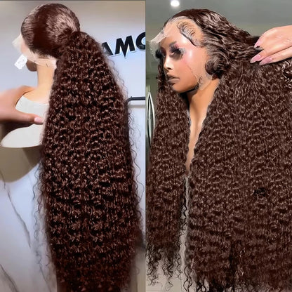 200% Chocolate Brown Deep Wave Human Hair Wig 30 34Inch Transparent Lace Frontal Wigs For Women 13x6 Lace Front Water Curly Wigs