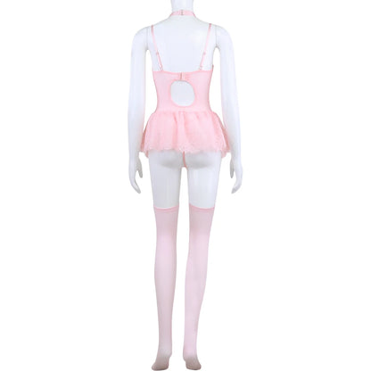 Ellolace Fancy Sexy Lingerie Girly Pink Corset Dress With Stocking g-String Tightening Matching 5-Piece Sissy Lace Onlyfans Kit