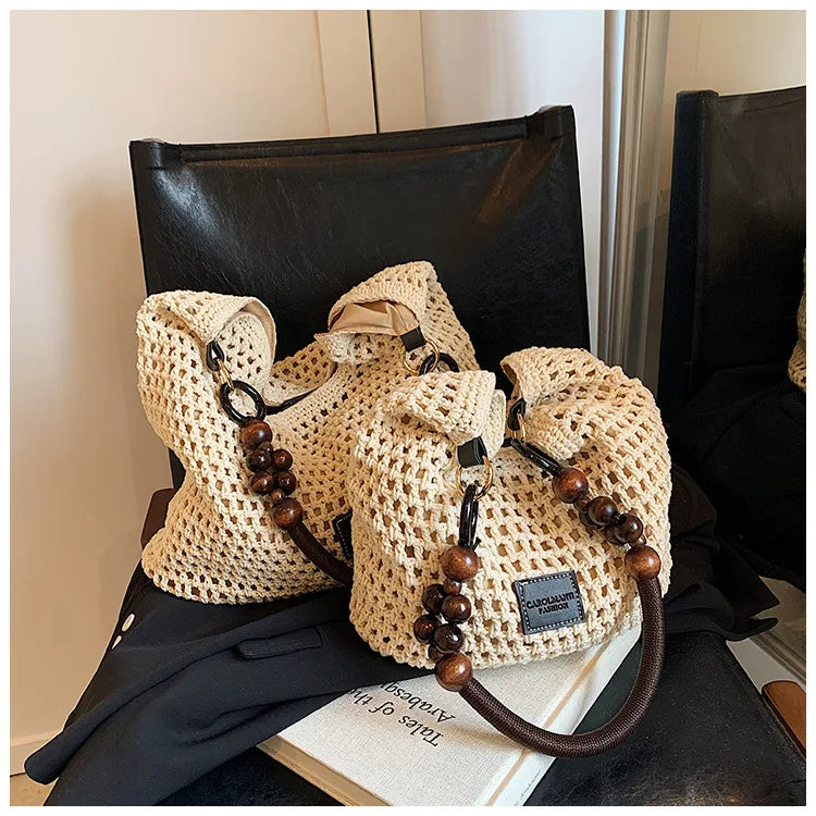 Beach Summer Bag for Women Mesh Woven Shoulder Bag Adjustable Strap Handbag Large Capacity Hobo Bag for Travel Vacation