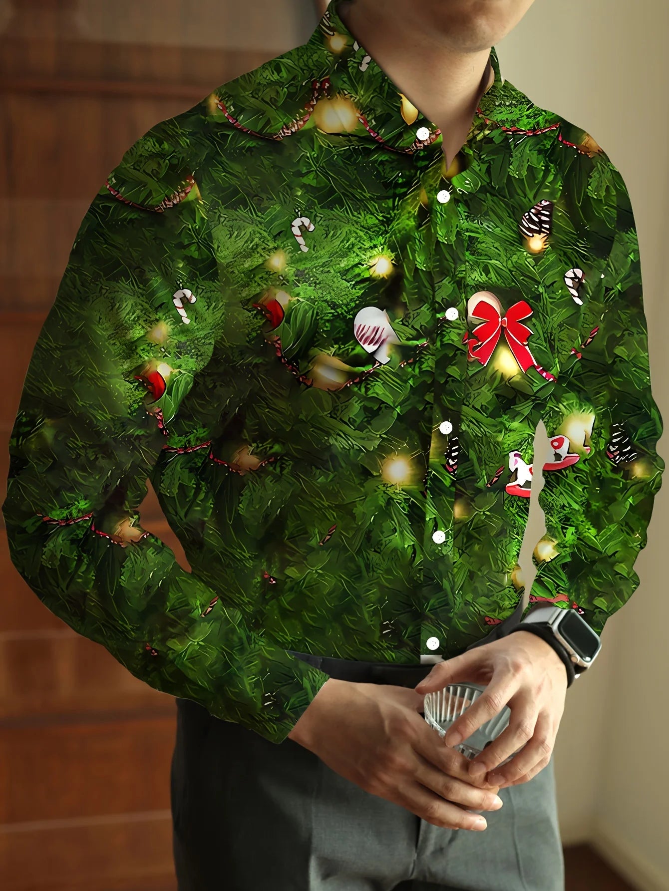 Christmas Festival Theme Men's 3D Printed Formal Shirts Christmas Tree Santa Claus Graphic Long Sleeve Shirt Fashion Men's Shirt