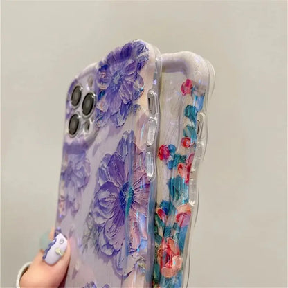 1 PC Luxury Laser Oil Painting Flowers Phone Cases For iPhone 16 15 14 13 12 11 Pro Max Plus