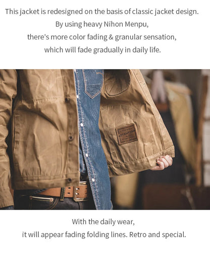 Maden Vintage Men's Canvas Oil Wax Jackets Khaki Multi-pocket Lapel Collar Single-breasted Jacket Windbreaker for Male Outwear