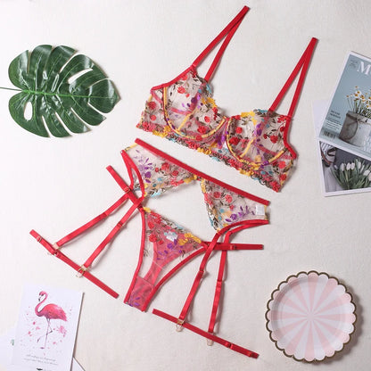 Ellolace Lingerie Sensual Lace Underwear Transparent Embroidery 3-Piece Garters Fancy Beautiful Short Skin Care Kits Intimate