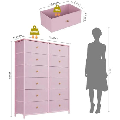 12-Drawer Dresser, 35.2’ Widened 6-Layer Fabric Storage Tower W/Textured Print Fabric Bins, Tall Chest Organizer Unit for Liv