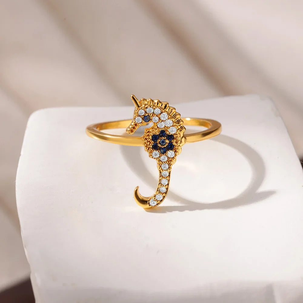 Dainty Zircon Shell Starfish Turtle Evil Eye Rings Stainless Steel Ring Women Anti Fading Golden Charm Jewelry Accessories Gifts