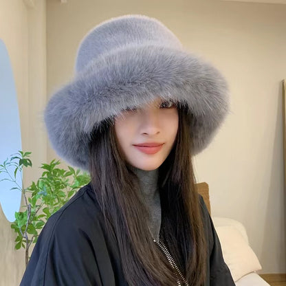 2024 Fluffy Faux Fur Bucket Hats Women Rabbit Fur Warm Thick Plush Winter Hat Lady Fashion Luxury Panama Furry Fisherman Cap Y2k