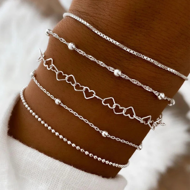 15 Piece Set Silver Color Chain Bead Bracelets for Women Simple Elegant Vacation Beach Party Casual Jewelry Versatile Daily Wear
