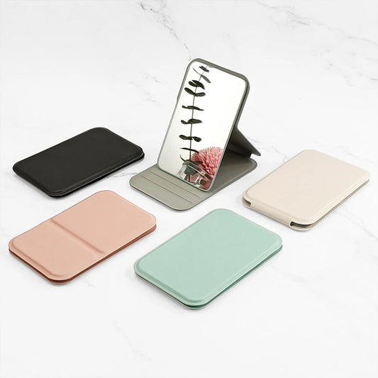 Woman mini Folding Makeup Mirror Handheld Travel Makeup Mirror Portable Leather Anti Slip Pocket Mirror Solid Color Handle Desk