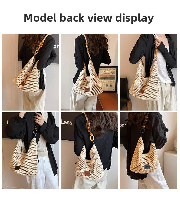 Beach Summer Bag for Women Mesh Woven Shoulder Bag Adjustable Strap Handbag Large Capacity Hobo Bag for Travel Vacation
