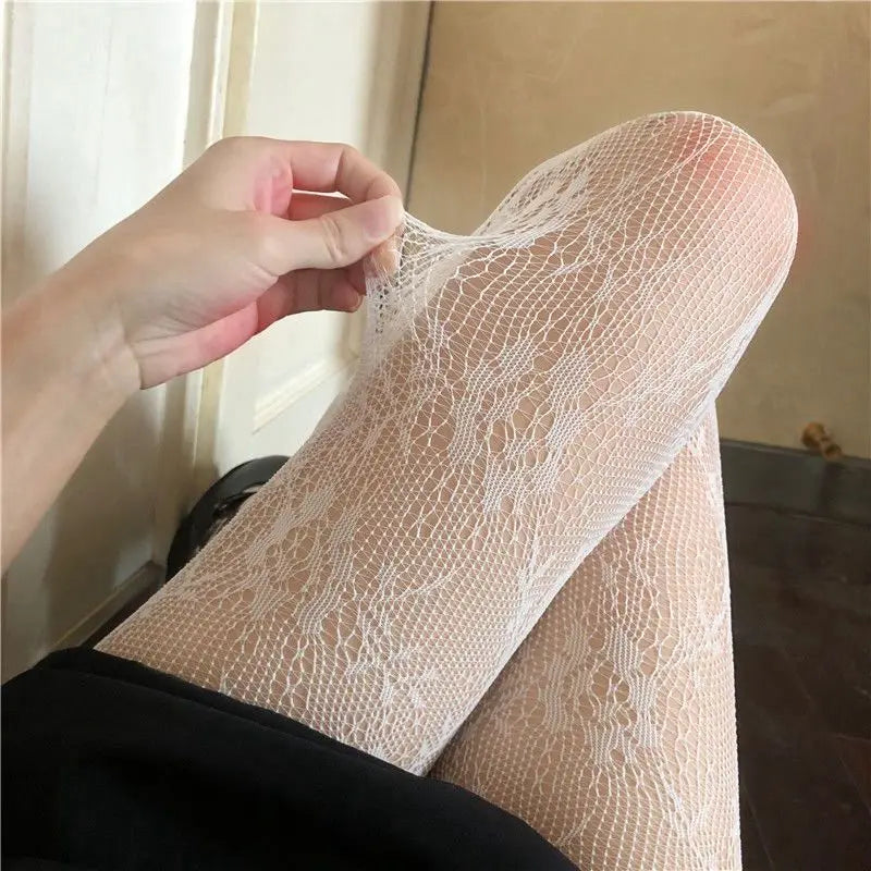 Lolita Sweet Girls Punk Style Floral Tights Colorful Thigh High Stockings Lingerie Women Sexy Hollow Out Mesh Fishnet Pantyhose