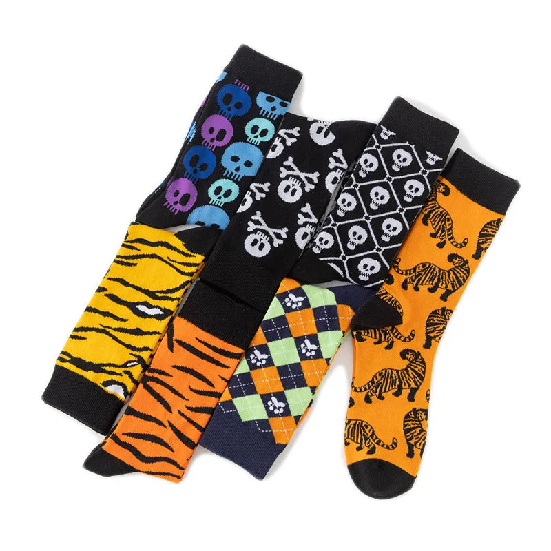 1 Pairs New Funky Skull Socks Men Tiger Cartoon Alien Novelty Hip Hop Orange Crazy Trend Socks Gift