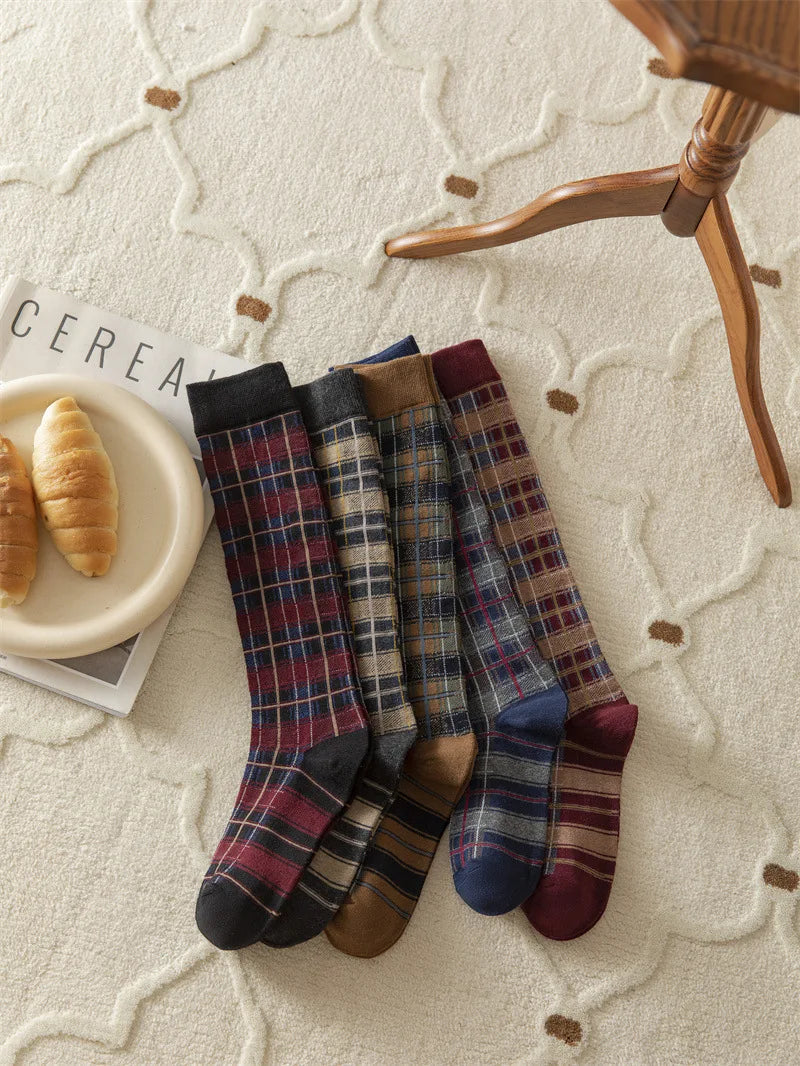 Stockings Women Harajuku Retro Vintage Plaid Long Socks Stocking JK College Style School Girls Cotton Knee Socks Women Stockings