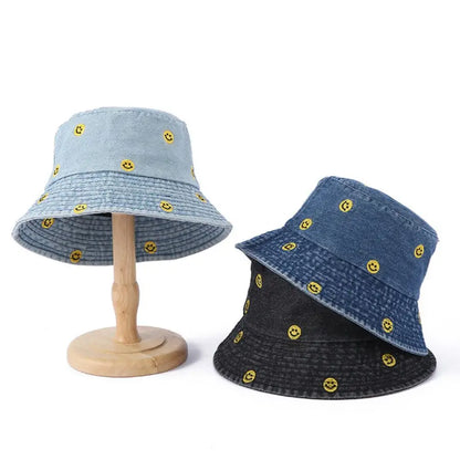Spring Summer Strawberry Embroidery Denim Jeans Bucket Hat Legent Fisherman Hats for Women Foldable Sport Sun Beach Panama Caps