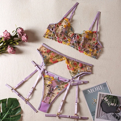 Ellolace Lingerie Sensual Lace Underwear Transparent Embroidery 3-Piece Garters Fancy Beautiful Short Skin Care Kits Intimate