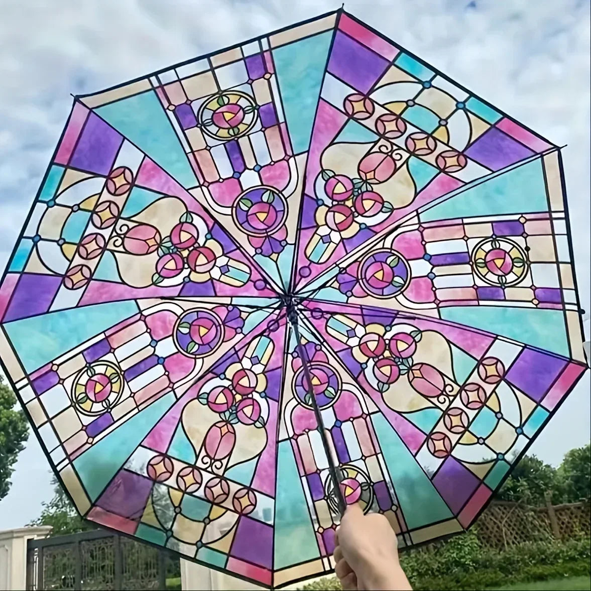 British Wind Rainforest Arch Transparent Umbrella Stained Glass Transparent Umbrella Long Handle Automatic Large Romantic Sunny