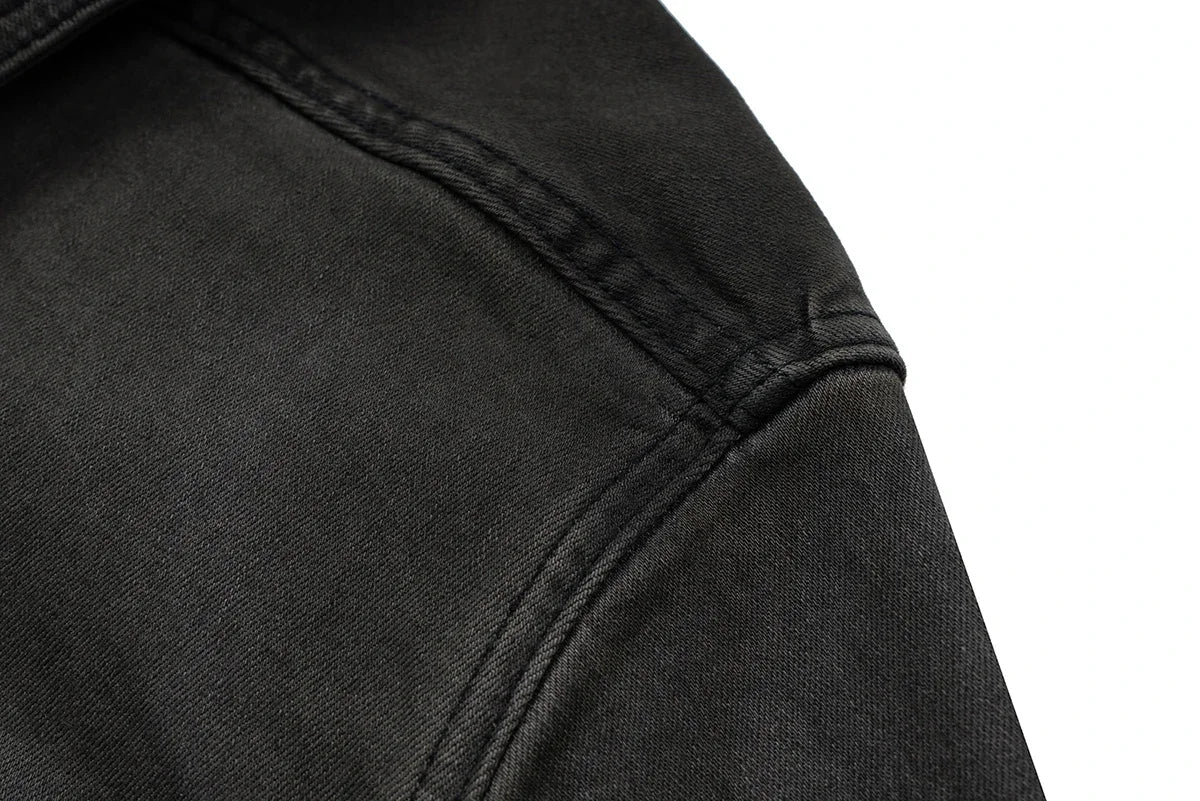 High Street Ribbons Dirty Washed Black Baggy Jeans Jacket for Men and Women Harajuku Y2k Casual Denim Coat Oversized Clothes