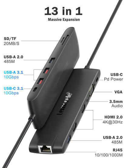 Lemorele 4K USB Hub USB C to Dual HDMI VGA Gigabit Docking Station USB 3.0 VGA Adapter SD Card Readers  for Windows MacBook Air
