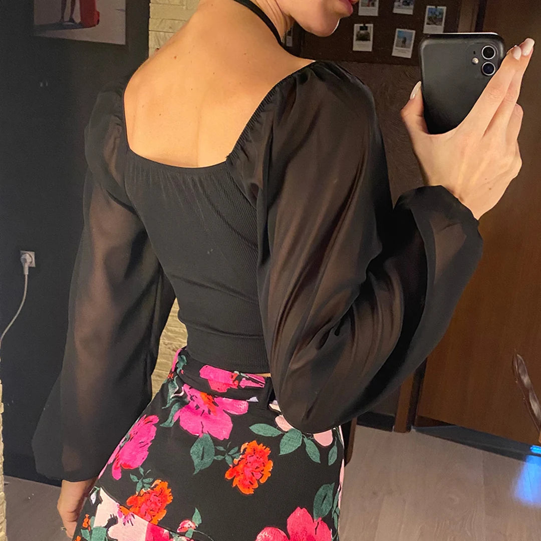 S-3XL Mesh Lantern Sleeves Drawstring Wrap Chest Bare Midriff T-Shirt Women Long Sleeve Ruched Blouse Sexy Crop Top Tee K5995