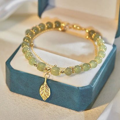 Double Layer Light Green Stone Gold Color Chain Bead Bracelelt For Women New Fashion Leaf Charm Strand Bracelet Daily Wear