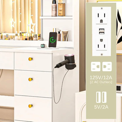 55 "Makeup Dresser with Mirror and LED Lights - Glass Top Dresser with Power Outlet and Storage Rack, Drawers