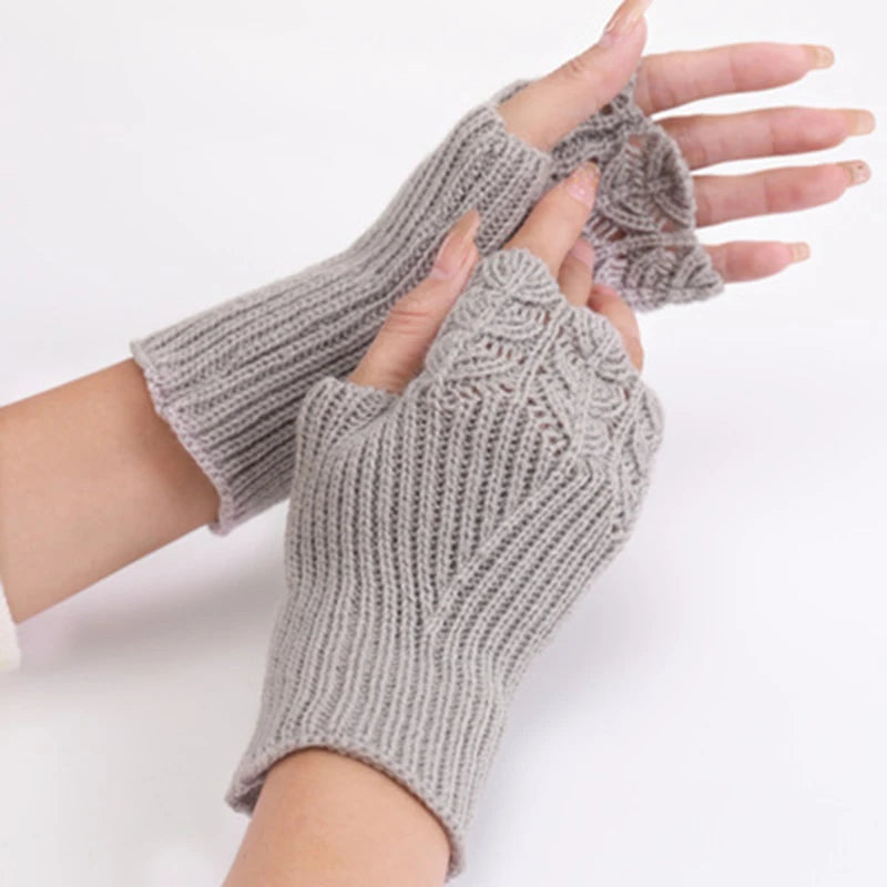Women Winter Fingerless Gloves Warm Soft Wool Knitted Mittens Elegant Wrist Arm Hand Half Finger Elastic Short Gloves Guantes