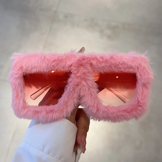 KAMMPT Oversized Plush Sunglasses Y2K Fluffy Square Punk Sun Glasses Trendy Novelty Decor Winter Shades for Christmas Party